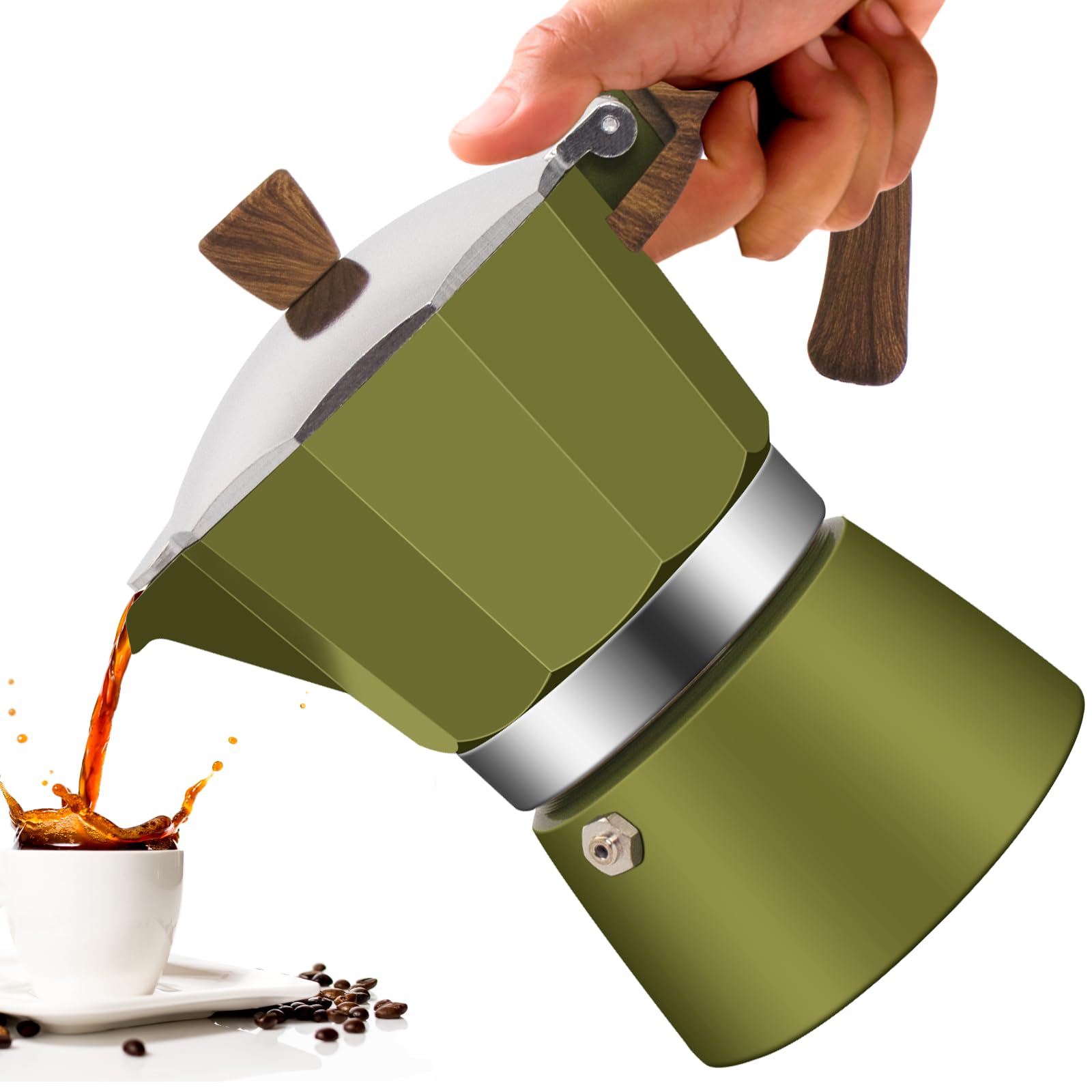 Vaolvpant olla moka verde, diseño clásico para espresso aromático en casa.
