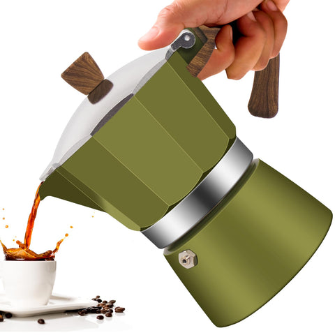 Vaolvpant olla moka verde, diseño clásico para espresso aromático en casa.