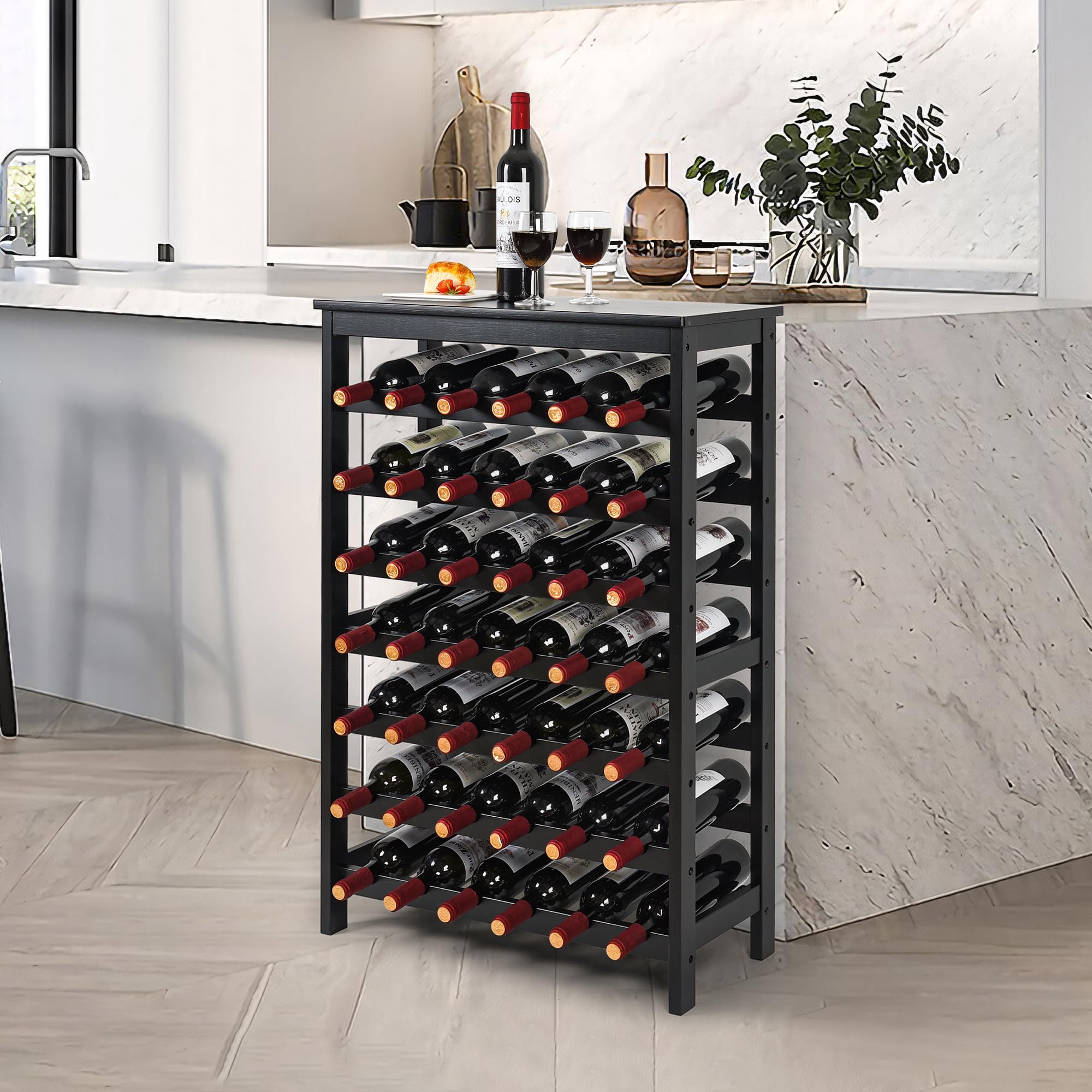 VASMIA estantería de vino con diseño clásico en bambú, complemento perfecto para cocina o comedor.