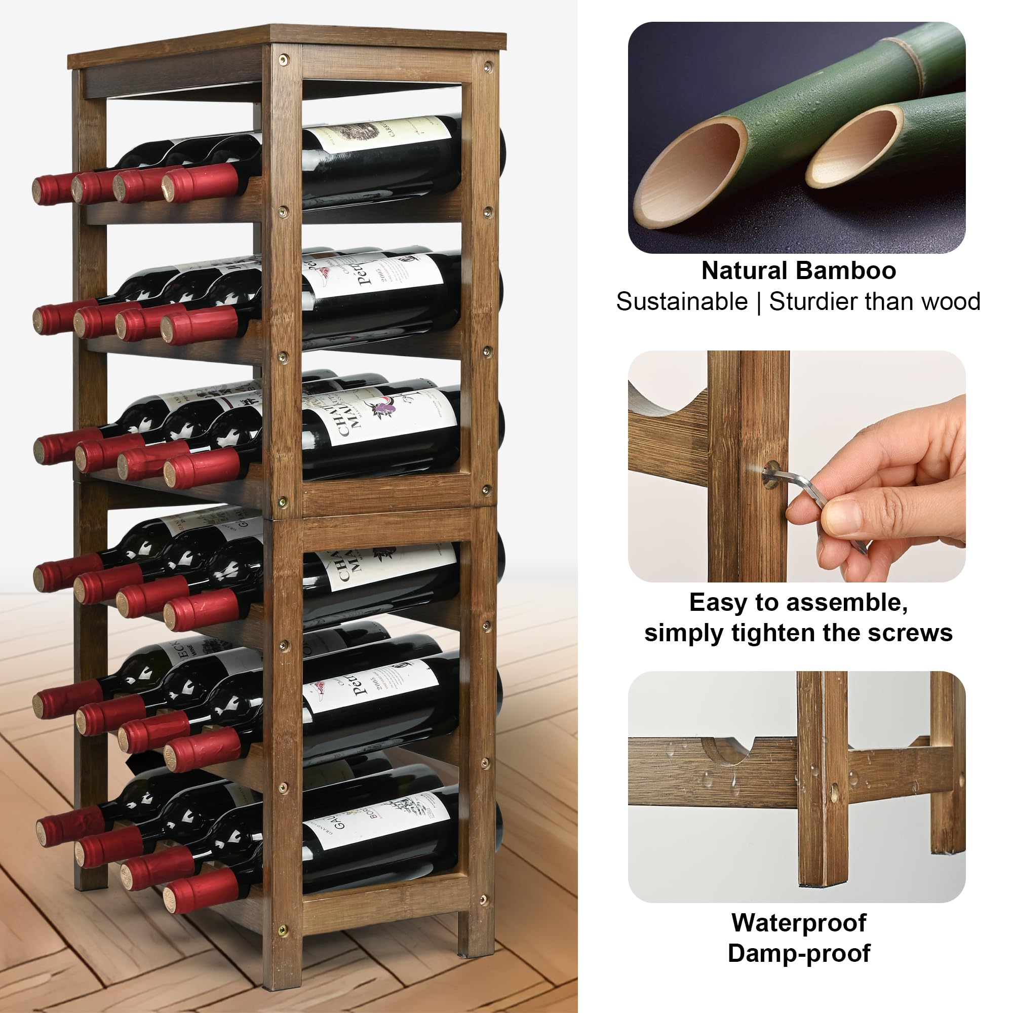 VASMIA Porta-vinos de bambú para 24 botellas, solución sostenible y compacta