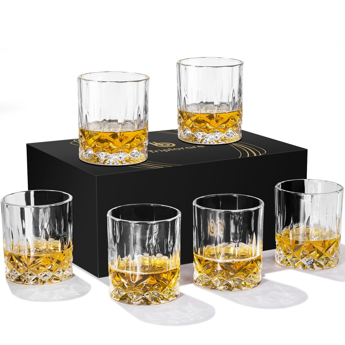 Vaso Triplorare para whisky, vista frontal, ideal para degustaciones cuidadosas con hielo.