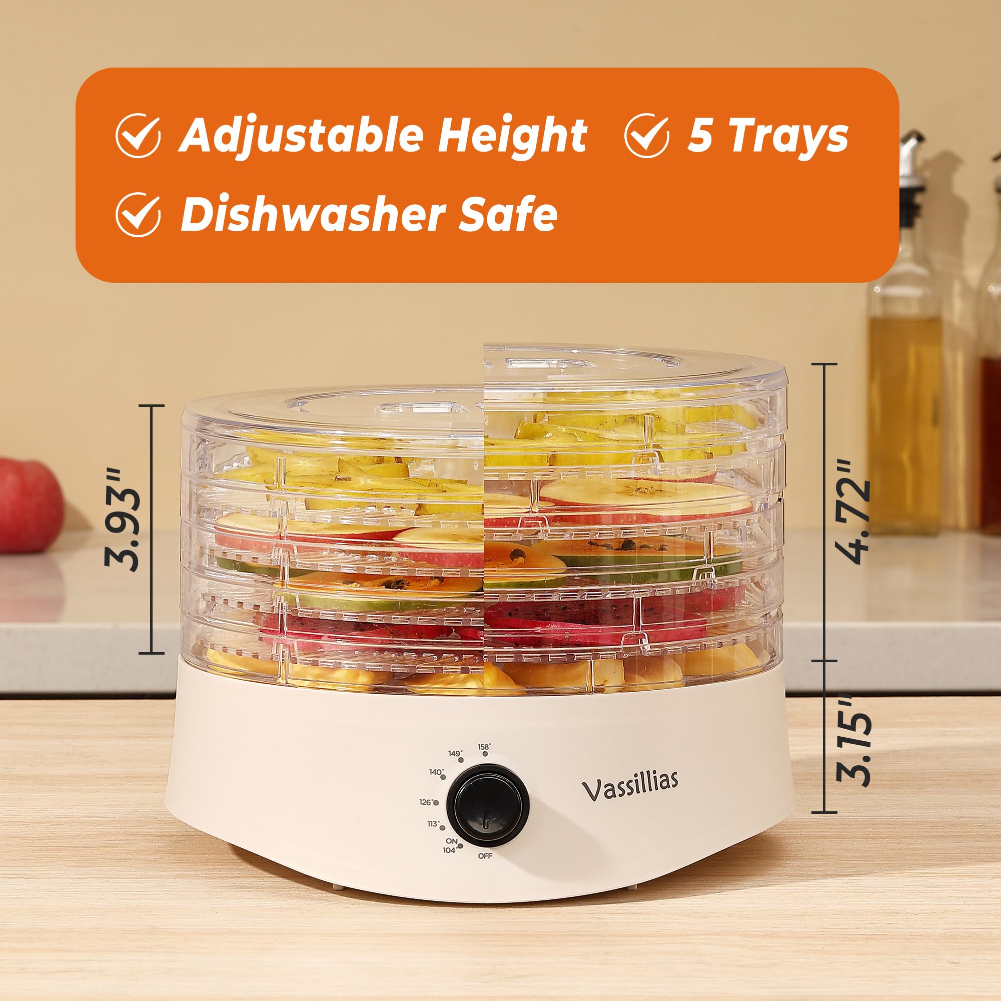 Vassillias deshidratador, 5 rejillas, secado uniforme para carne deshidratada en tiras y frutas.