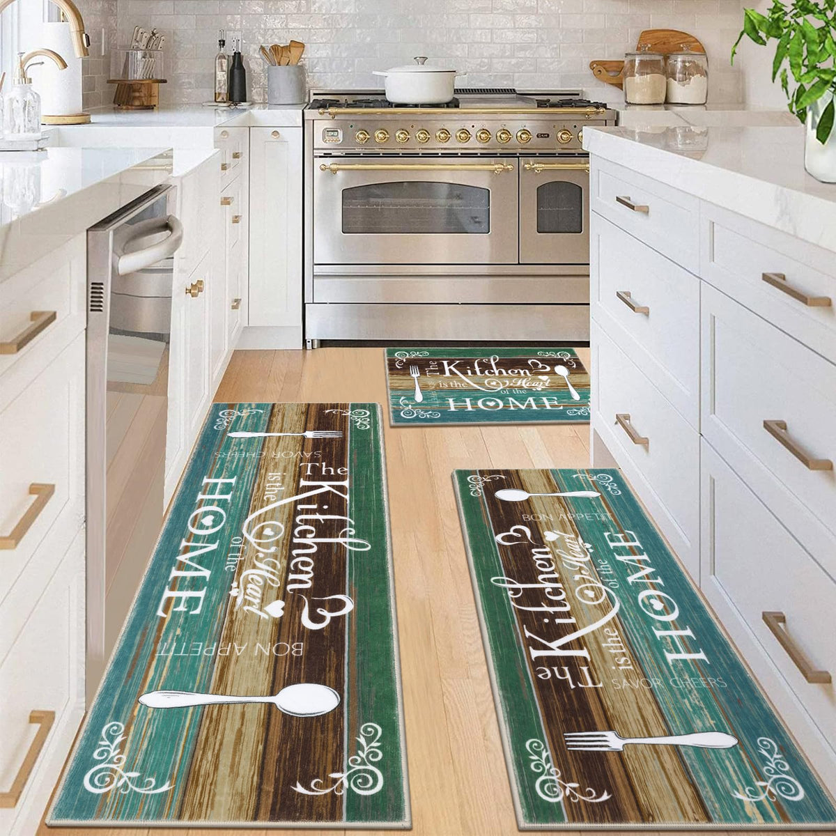 Alfombra Vaukki Boho para cocina en turquesa, tres piezas para zonas amplias.