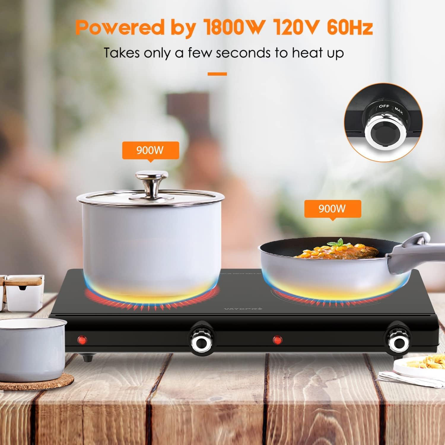 Calor rápido de Vayepro, 1800W para cocción eficiente.