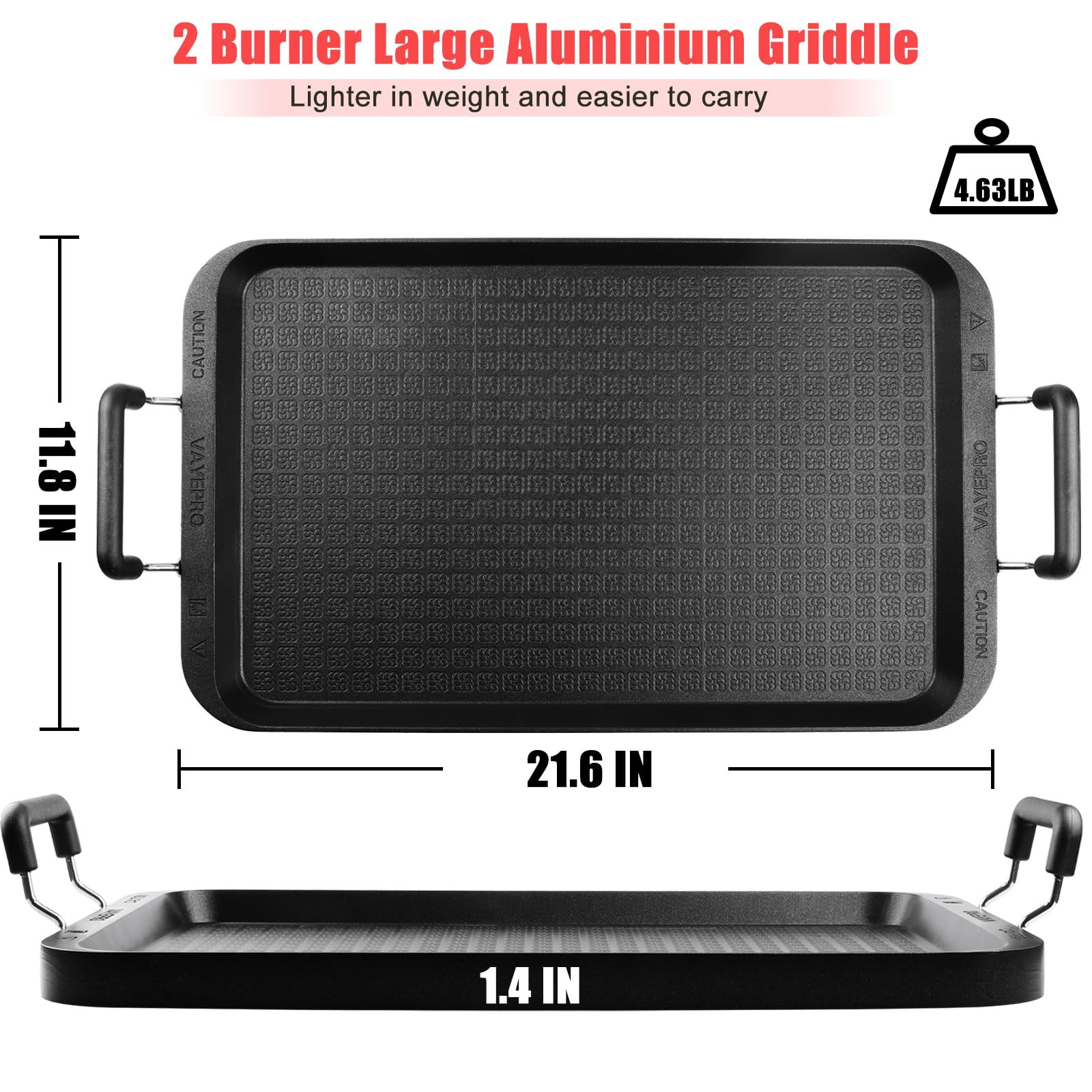 Sartén antiadherente Vayepro para dos quemadores, ideal para pancakes y sándwiches.