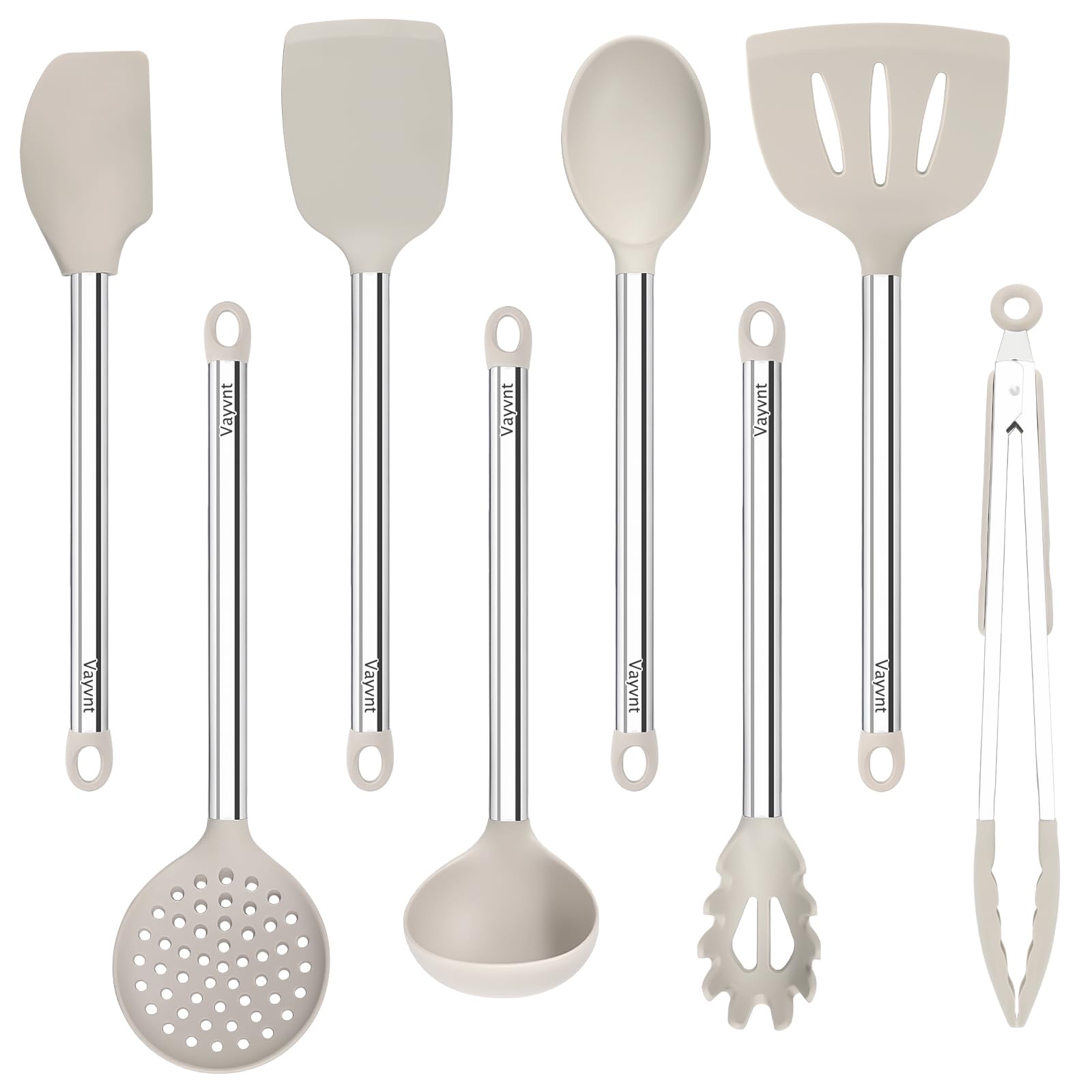 Vayvnt 8 piezas utensilios silicona khaki con mango de acero, conjunto completo para cocinar