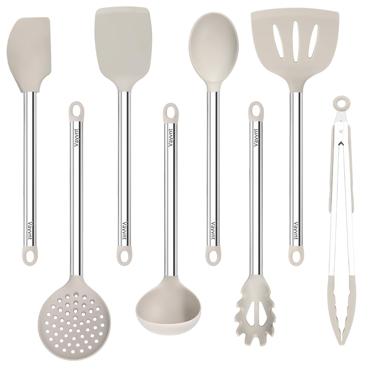 Vayvnt 8 piezas utensilios silicona khaki con mango de acero, conjunto completo para cocinar