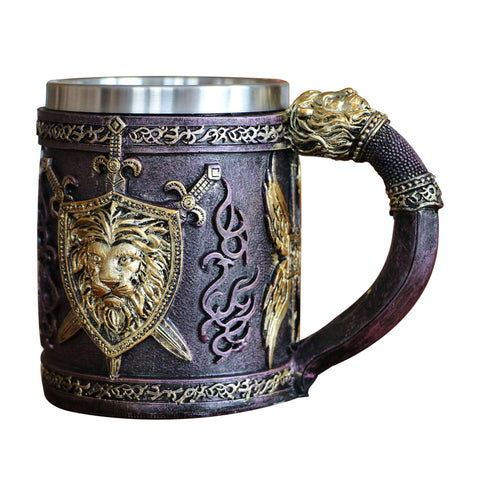 Veflauresi taza león medieval con escudo, ideal como pieza decorativa y funcional.