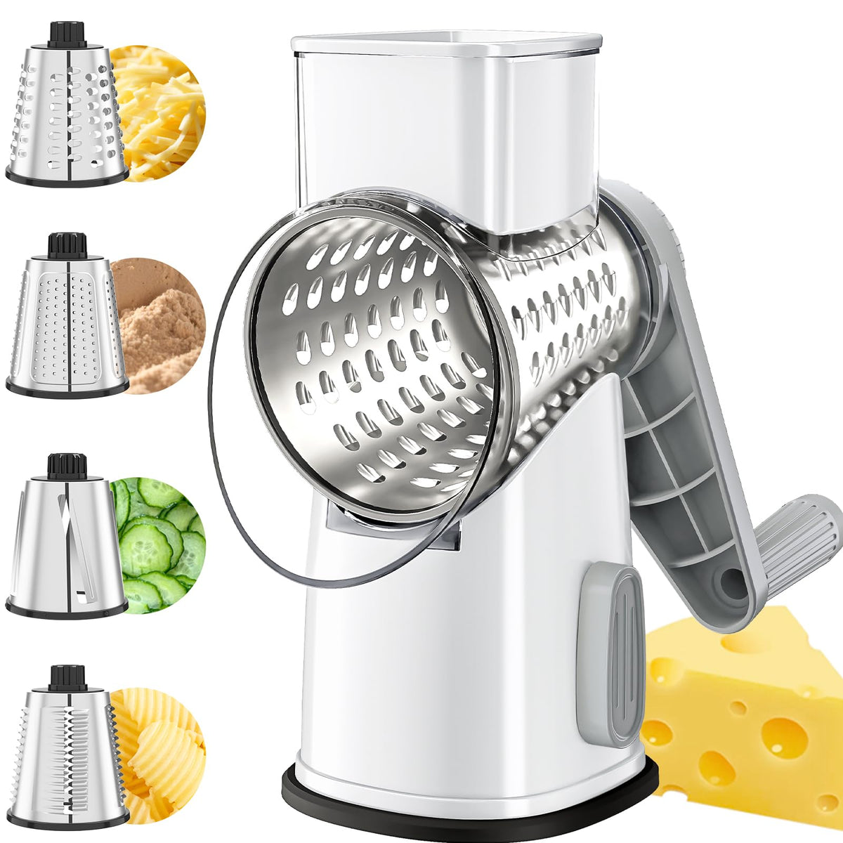 Rallador VEKAYA 4 en 1 en acción para queso y verduras rápidas.