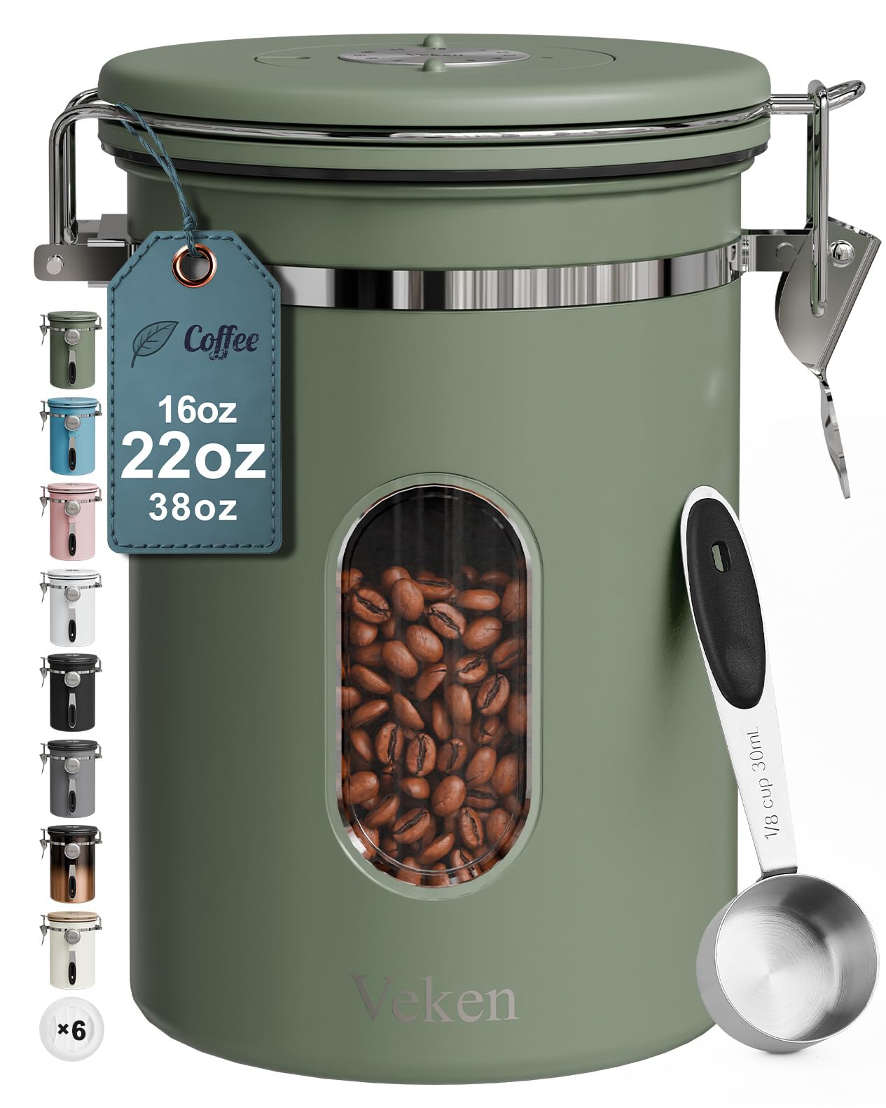 Lata Veken para café con ventana para ver la cantidad de granos sin abrir.