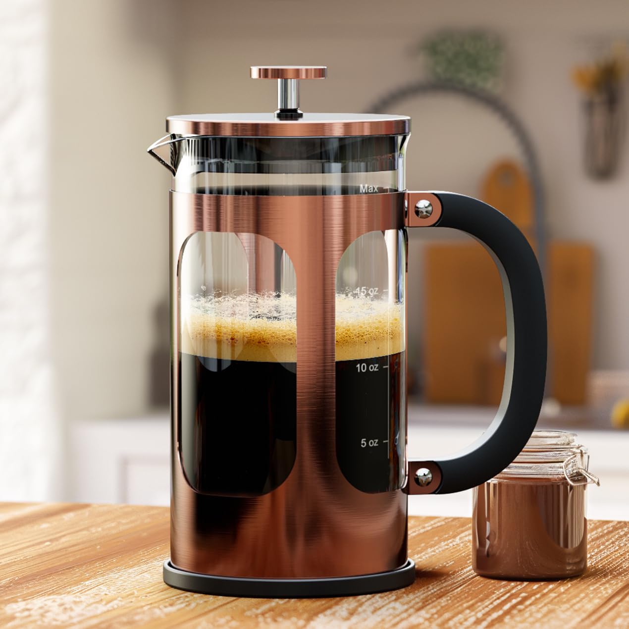 Prensa Francesa Veken con vidrio borosilicato resistente al calor, ideal para café caliente