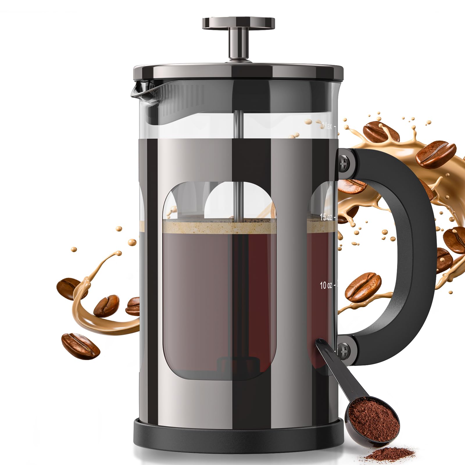 Prensa Francesa Veken con vidrio borosilicato resistente, ideal para café caliente.
