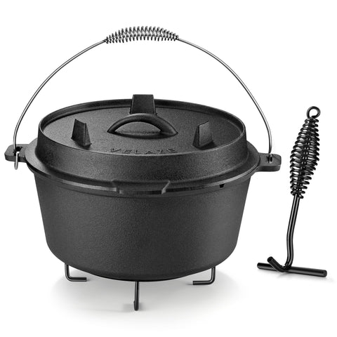 Olla Velaze de hierro con tapa para camping, retiene calor para comidas sabrosas.