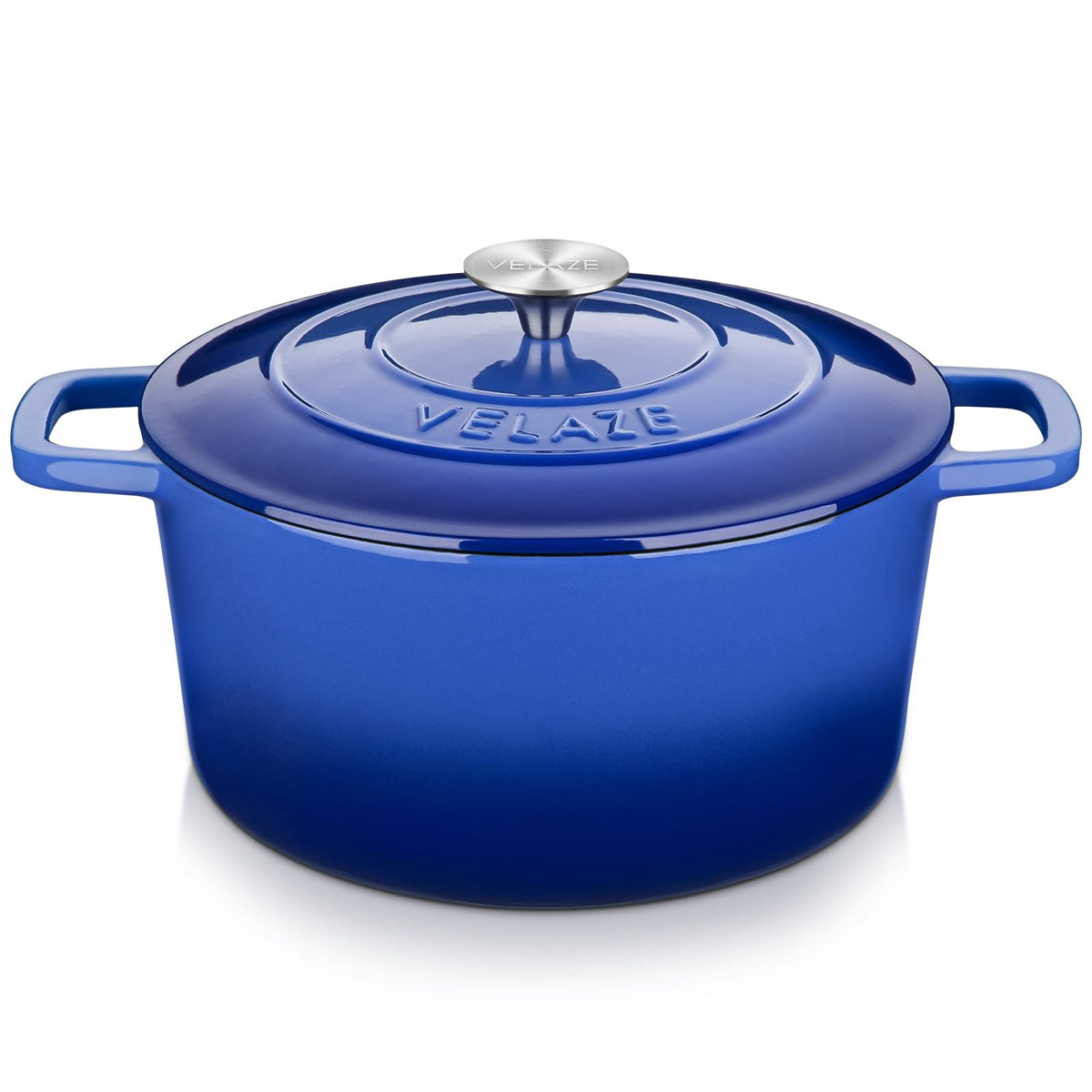 Velaze olla de hierro esmaltado azul con tapa visible, ideal para guisos caseros.