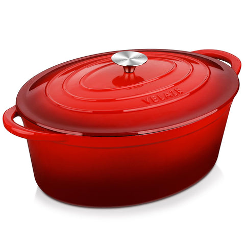 Velaze Olla oval esmaltada roja con tapa y gran capacidad.