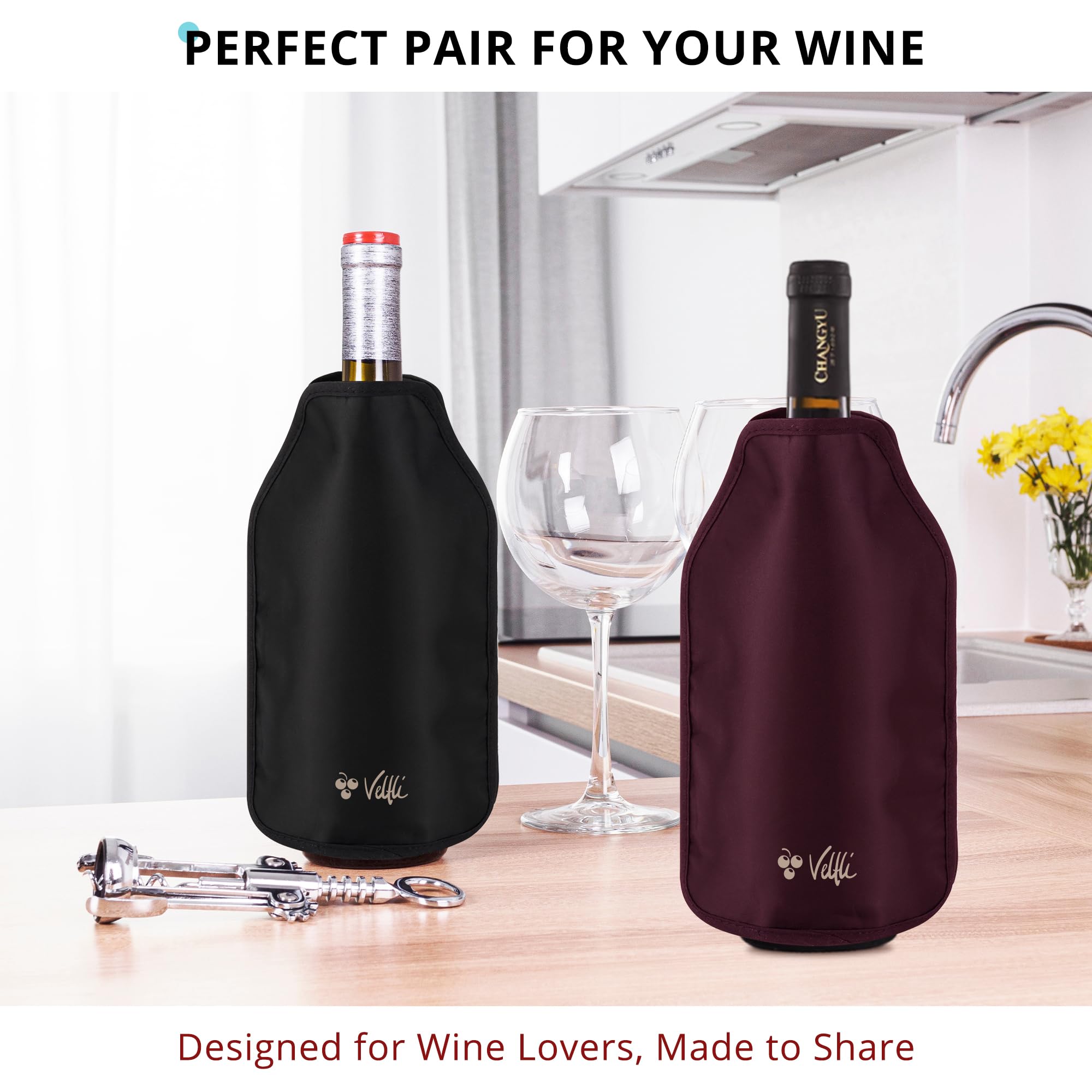 Velfli Duo enfriador vino burdeos frente: ajuste flexible para botellas diversas.