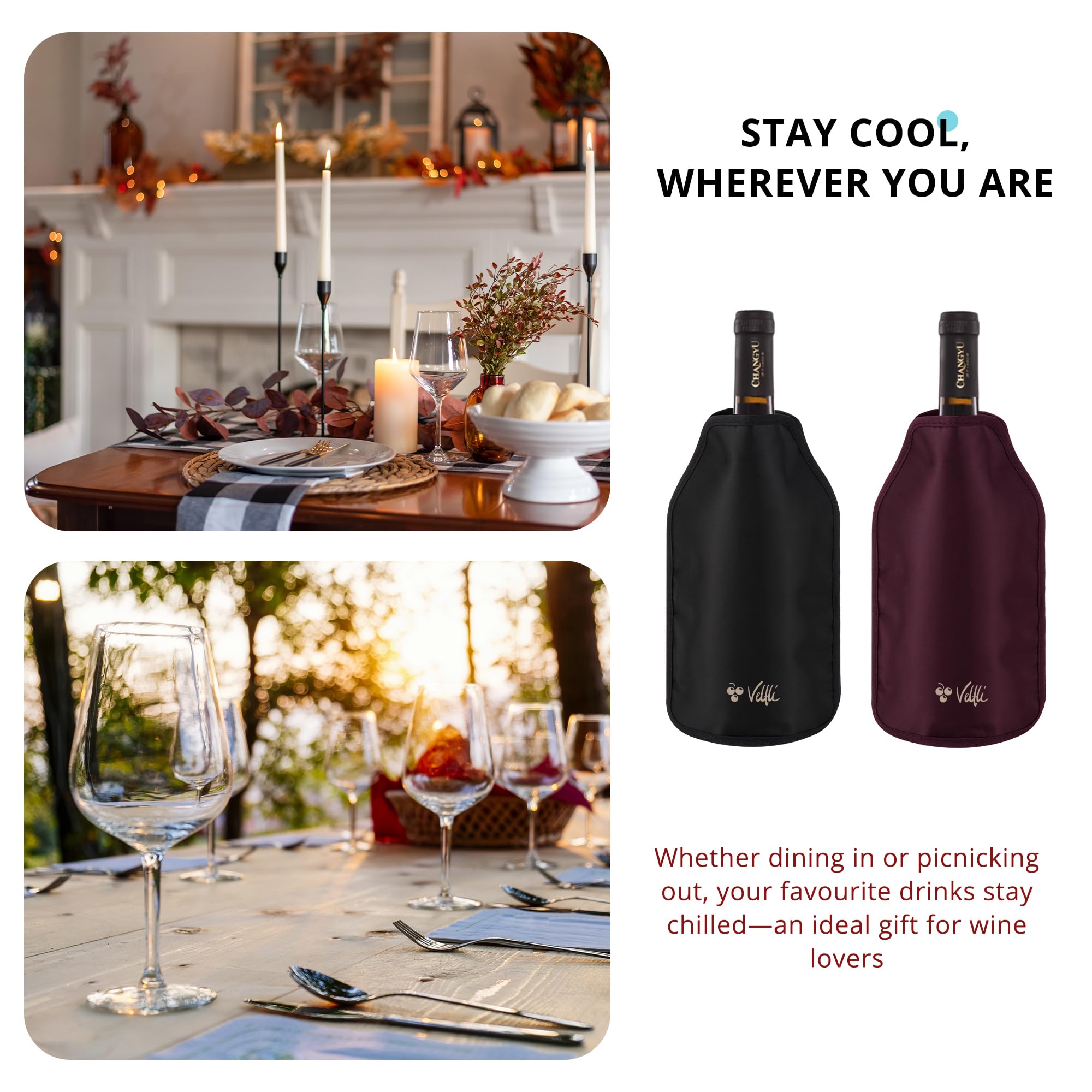 Velfli Duo enfriador vino burdeos uso cena: portátil y compacto.