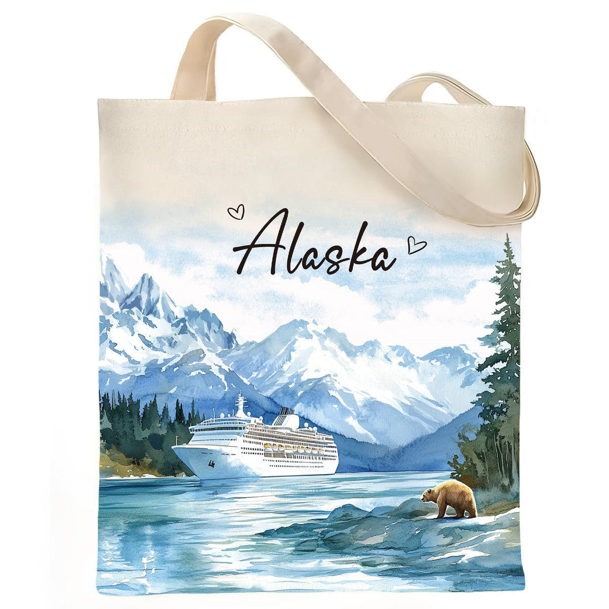 Bolsa VeloKomo Alaska con diseño acuarela crucero y oso, ideal para compras con estilo.