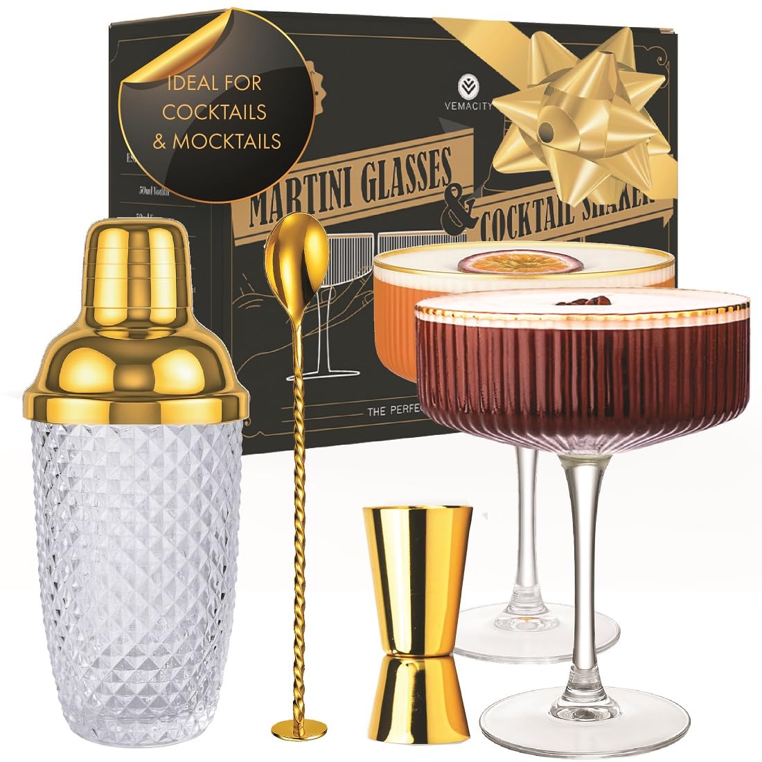 VEMACITY agitador de cocktail dorado en detalle, diseño elegante para bebidas en casa.