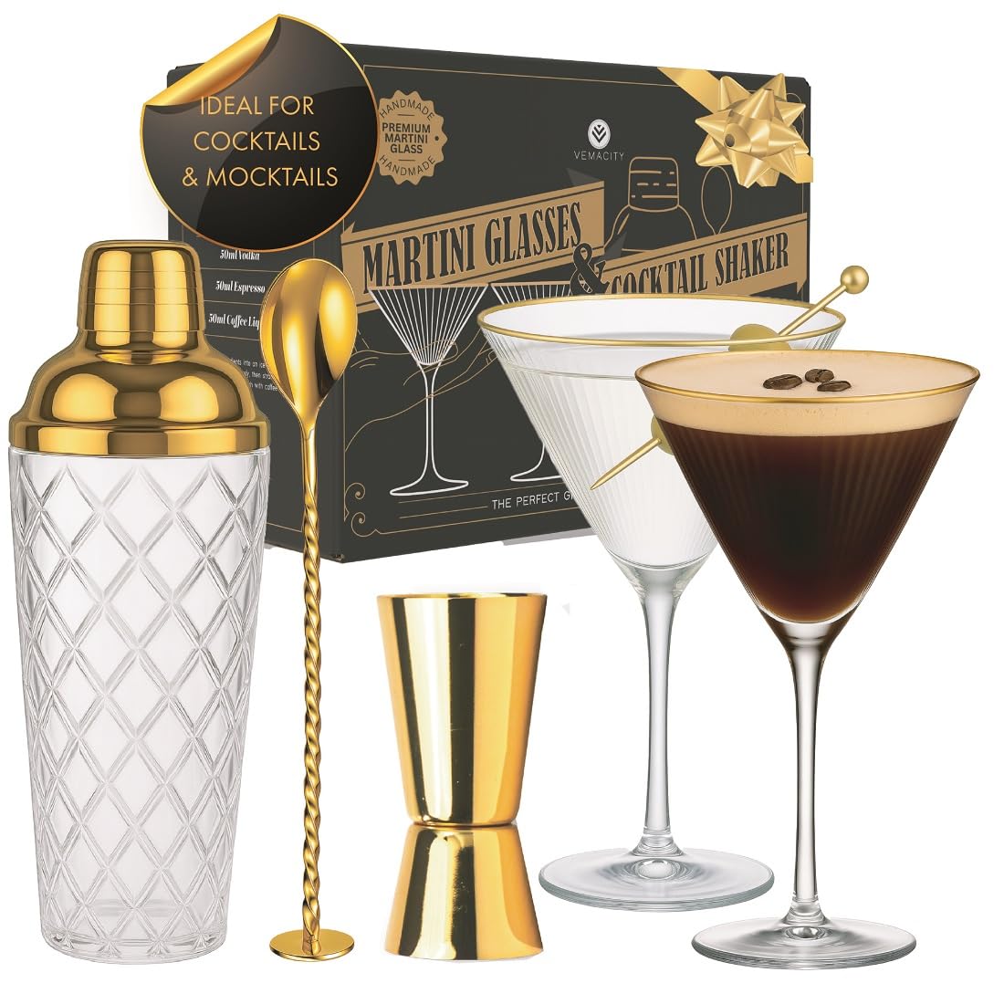 Vemacity coctelera de vidrio con colador incorporado y tapa dorada, ideal para ver la mezcla