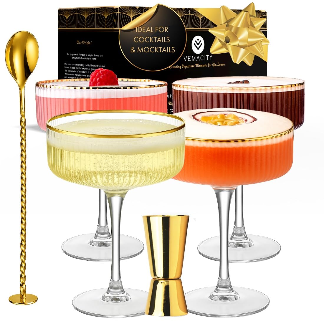 Copa Vemacity espresso con estrias y borde dorado para cócteles.