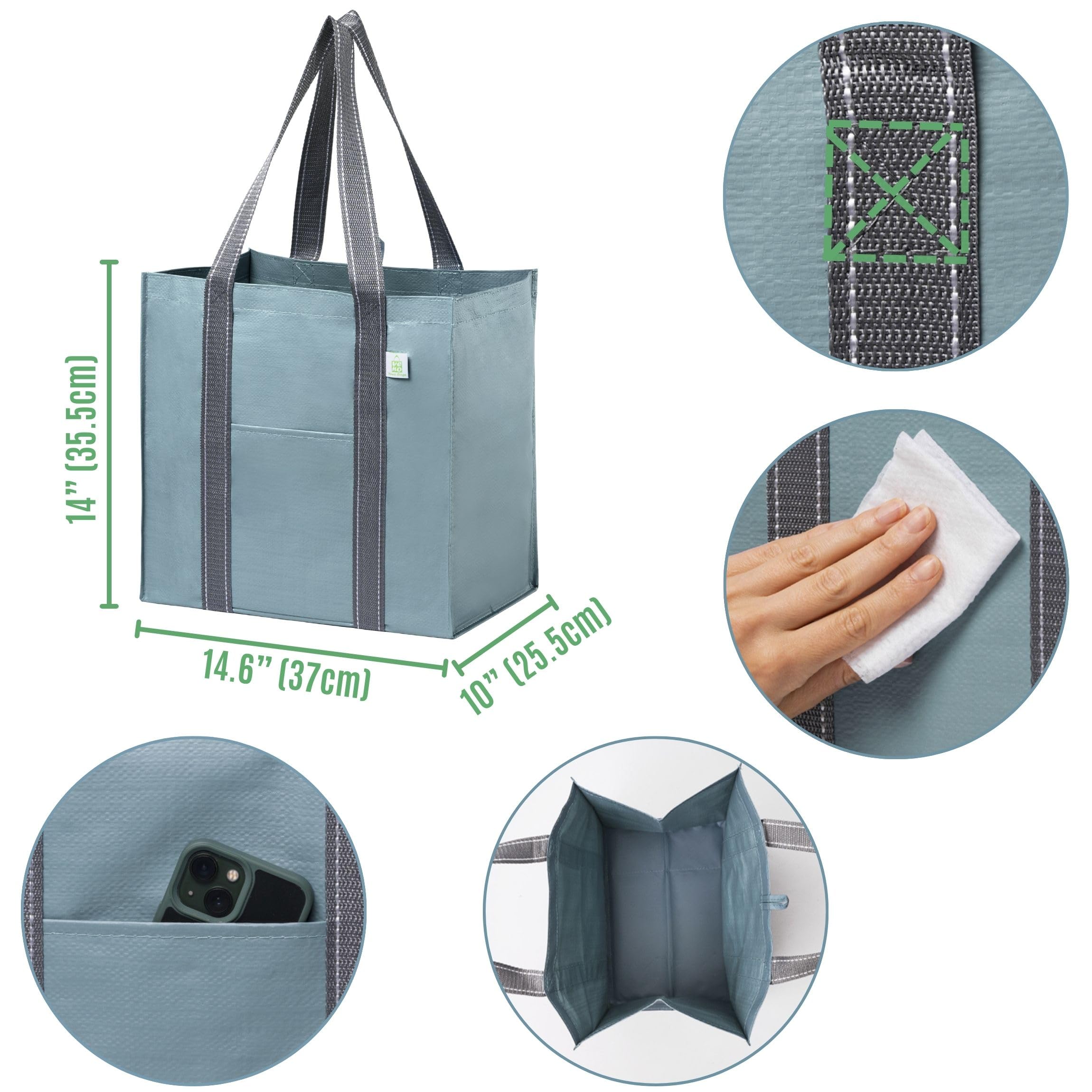 VENO con base rígida que mantiene la bolsa estable durante la compra.