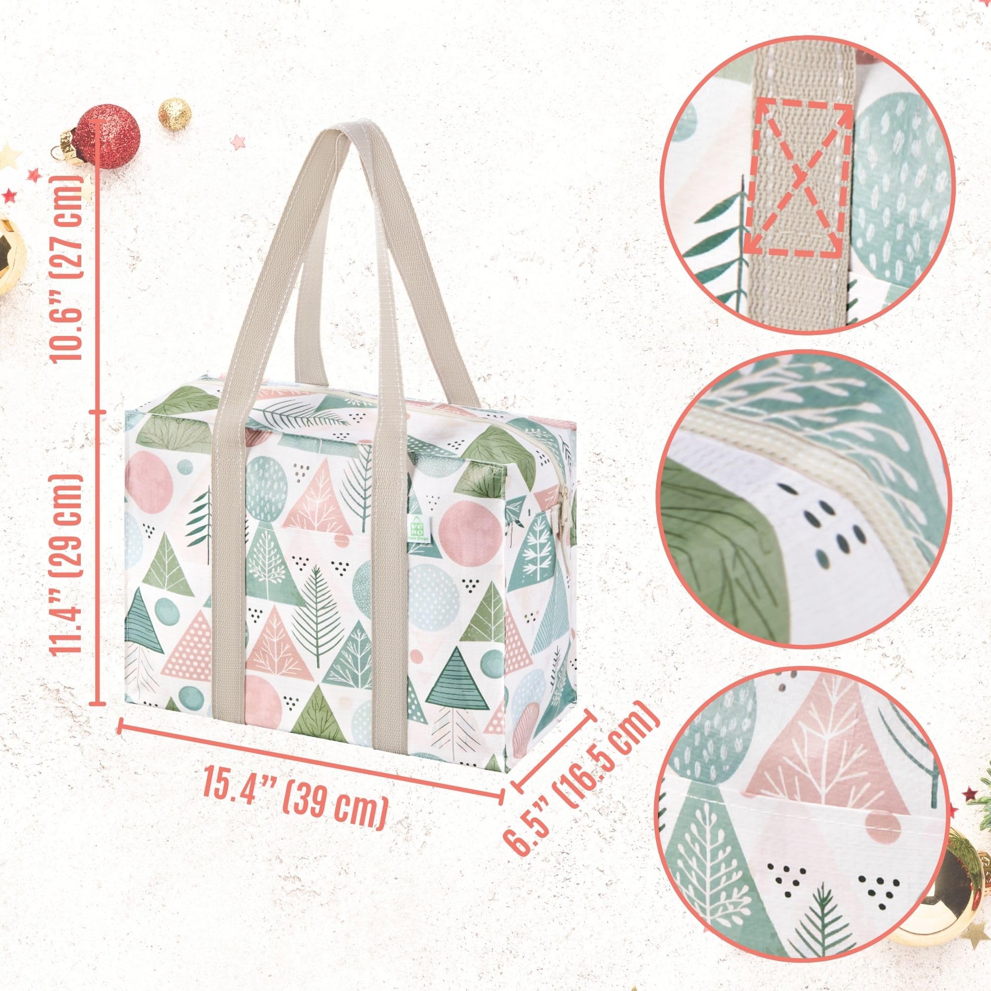 Bolsa VENO Navidad con base rígida mantiene la bolsa erguida al cargar.