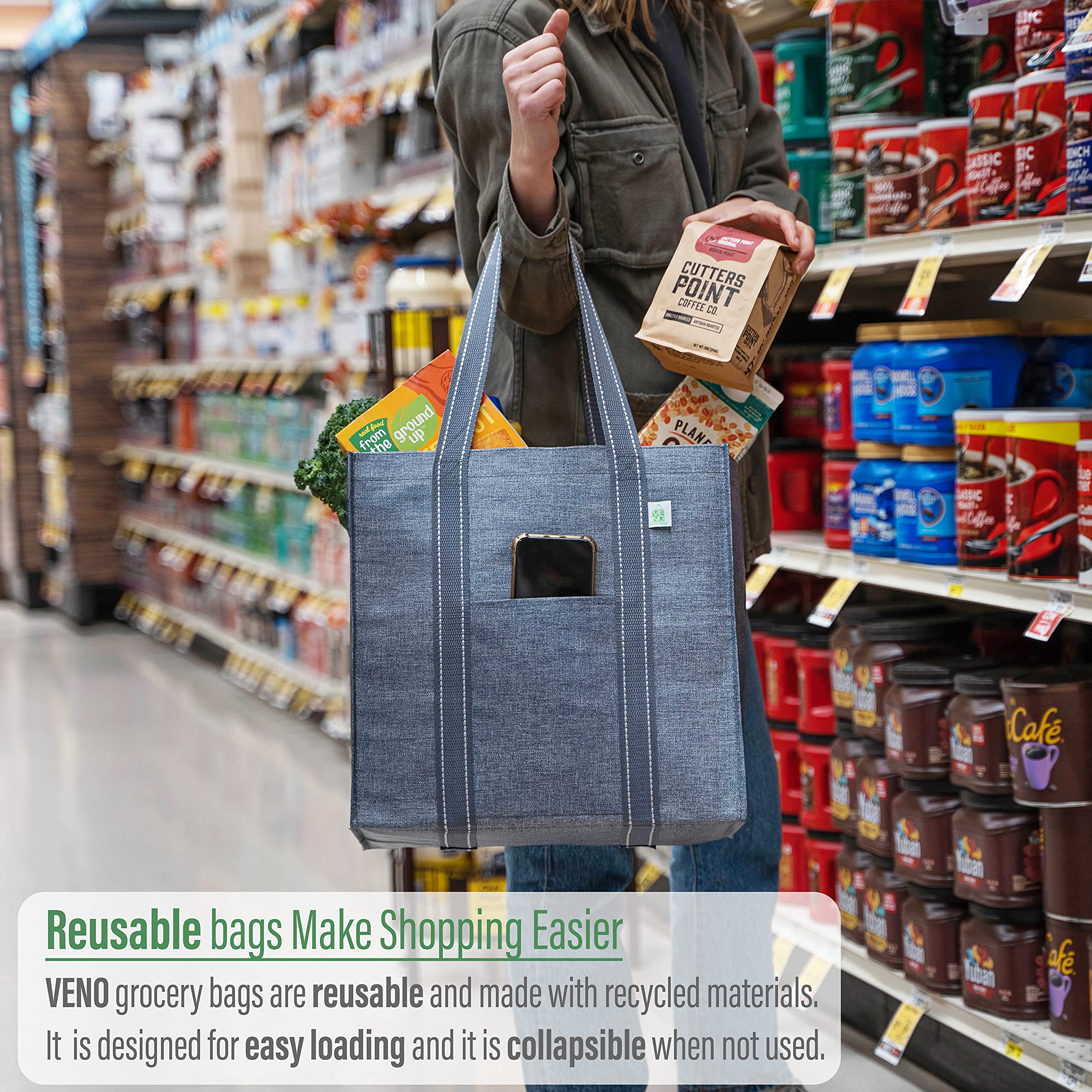 Base dura de VENO mantiene las bolsas erguidas para carga y descarga.
