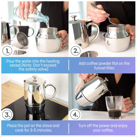 VeoHome moka en dos tamaños, 300 ml y 500 ml, ideal para 6 o 10 porciones.
