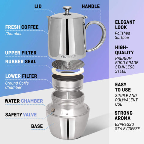 VeoHome moka estufa acero inoxidable, 300 ml, genera expreso rápido en cualquier cocina.