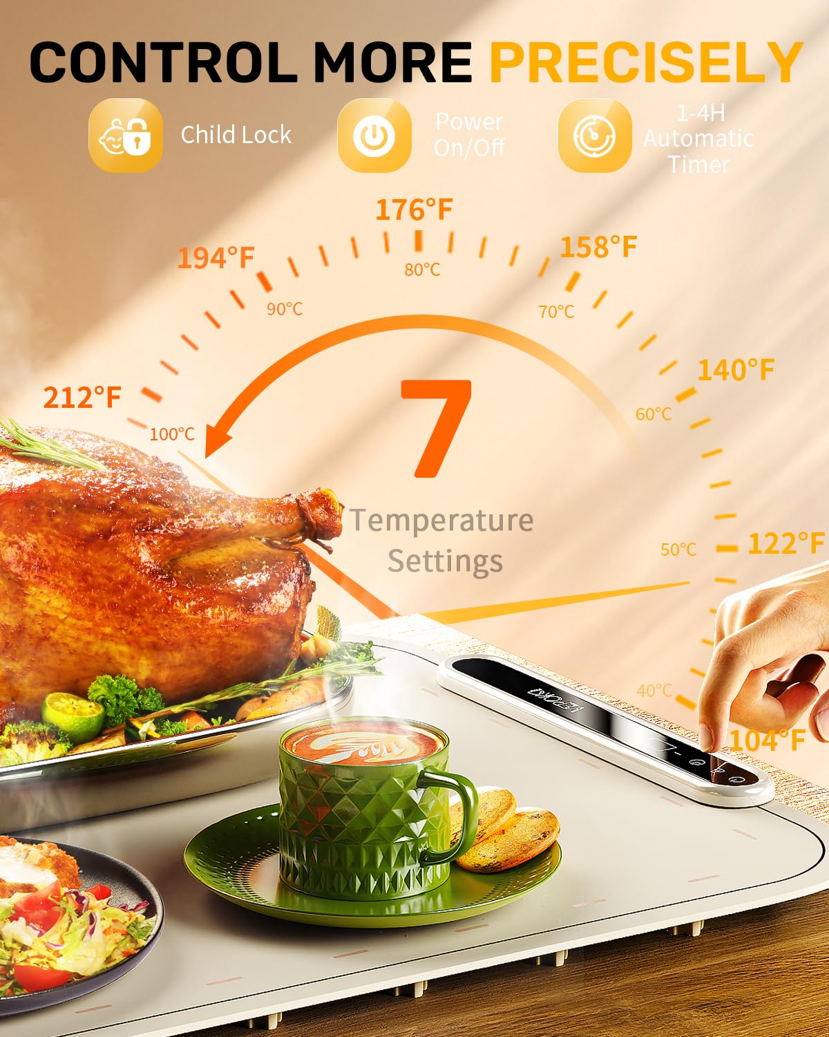 VEPOKA bandeja calentadora 7 niveles ofrece control de temperatura preciso para platos