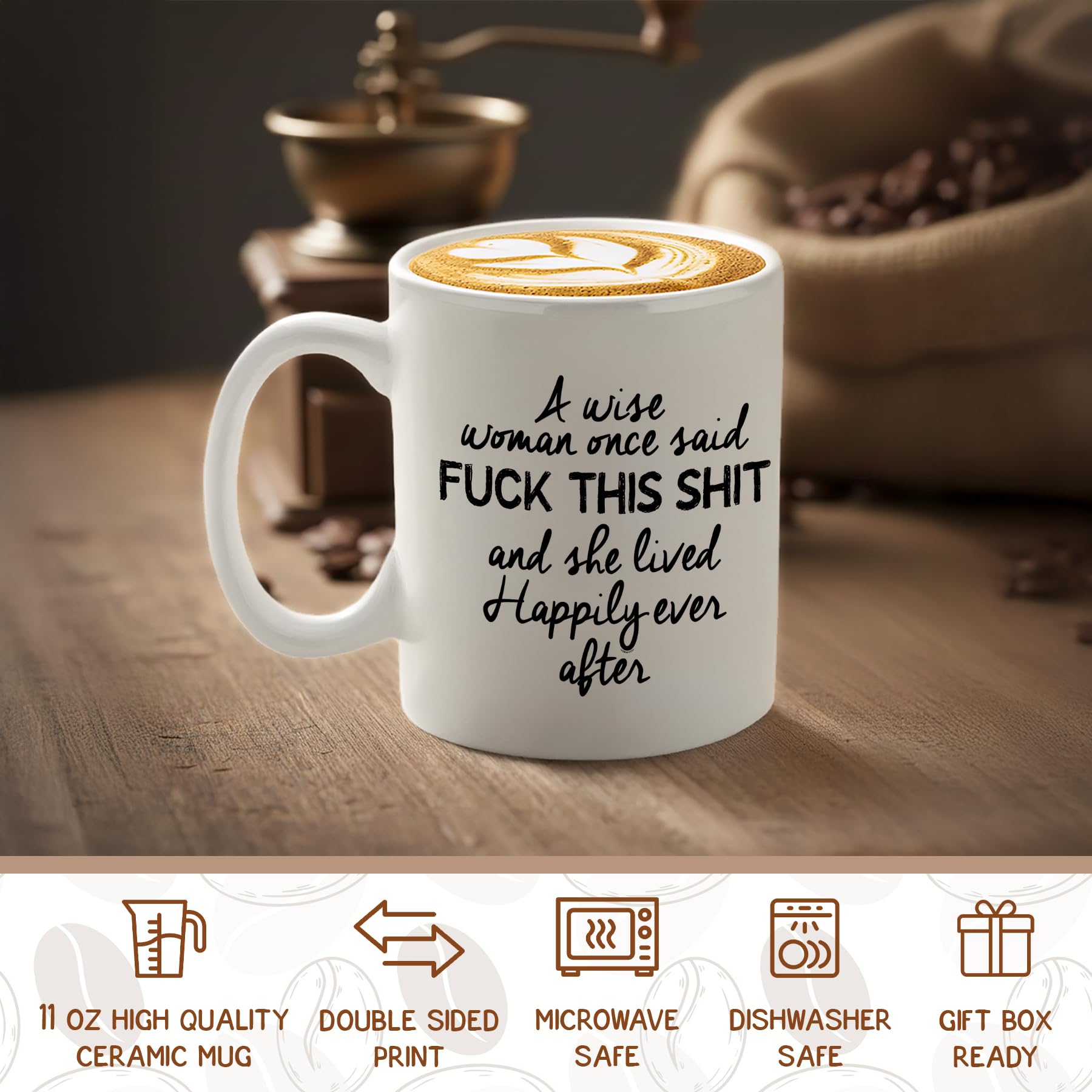 Veracco Taza blanca con diseños en ambos lados, ideal para conversar en la mesa.