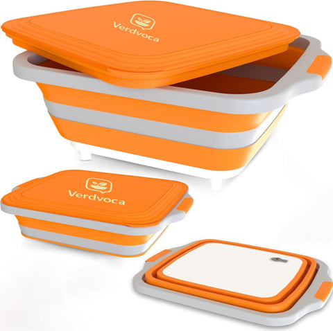 Verdvoca tina plegable con tapa para cortar, ideal para preparación al aire libre.