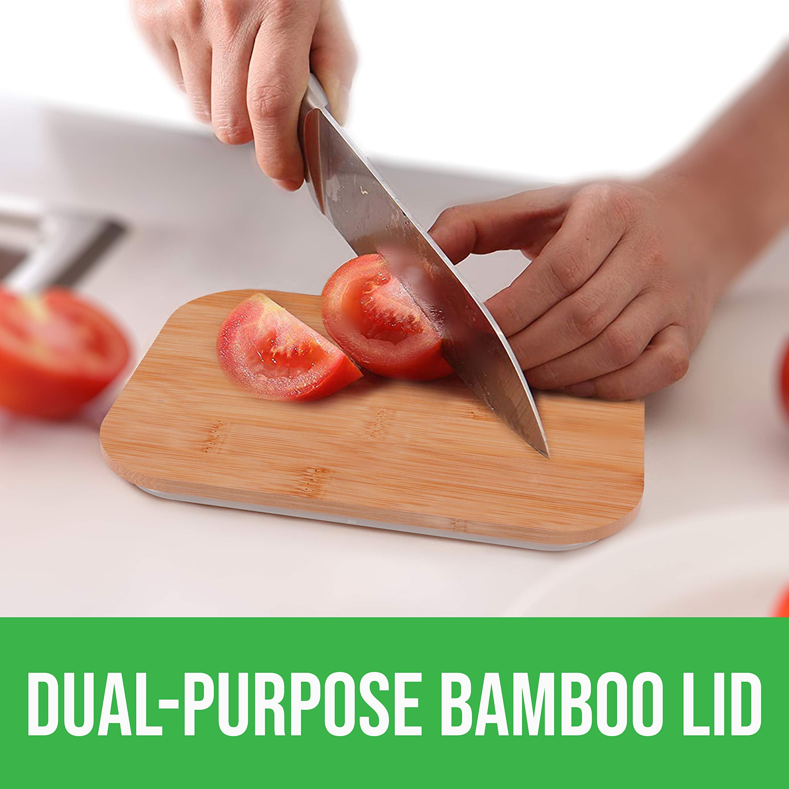 Tapas de bambú también funcionan como tablas de cortar para porciones.