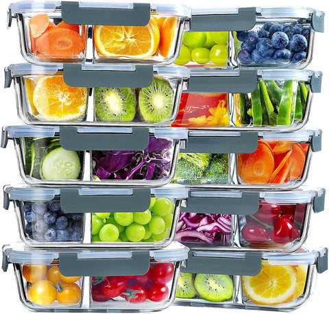 VERONES diez contenedores de cristal para almuerzo, con dos compartimentos, ideal para planificar comidas.