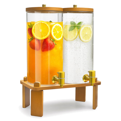 Verssure dispensadores dobles de cristal con base de madera para bebidas refrescantes en reuniones.
