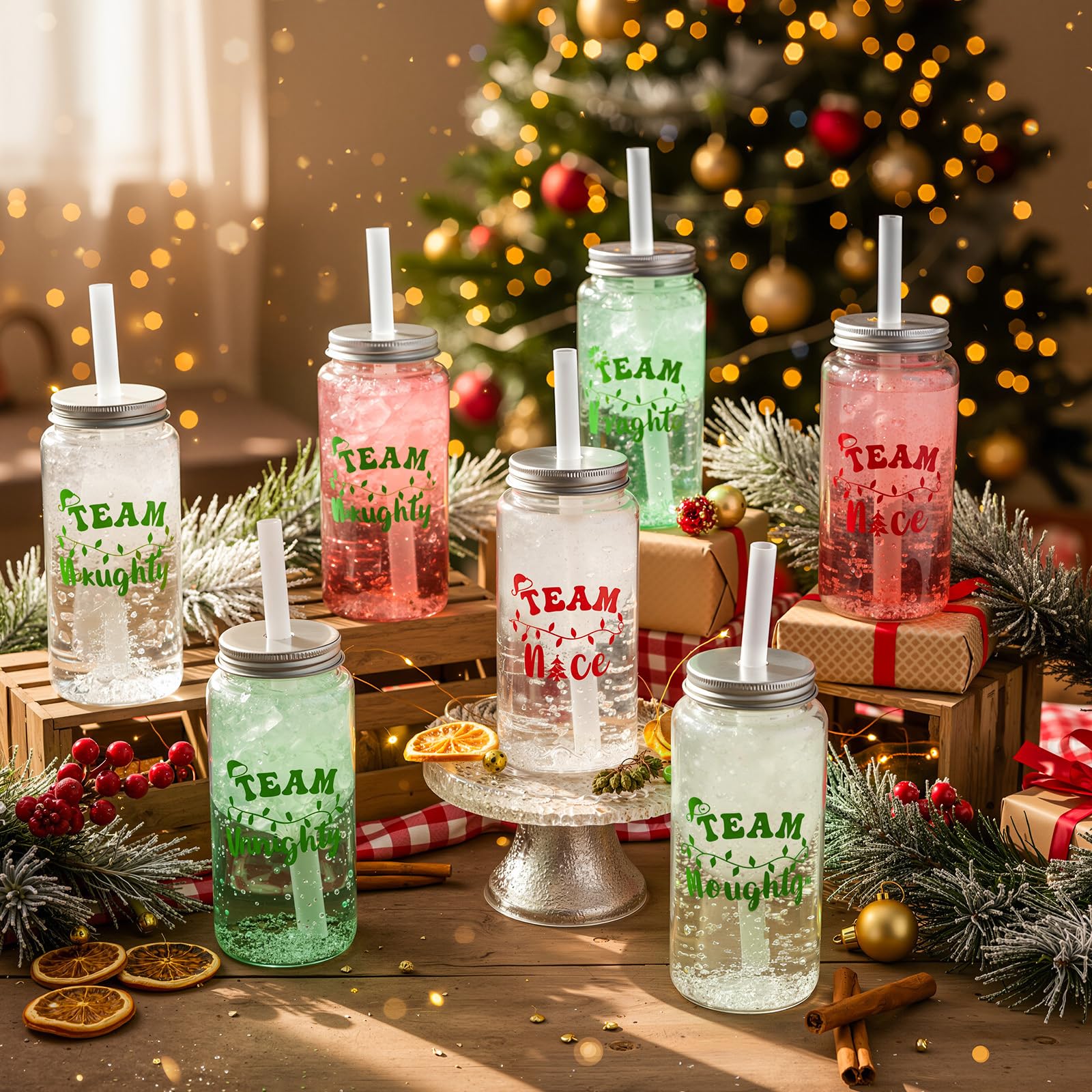Vesici copas navidad con diseño travieso o bueno, aptas para bebidas y juegos festivos.