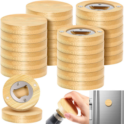 Destapador de bambú Vesici redondo de 2,5 pulgadas con imán potente para el refrigerador.