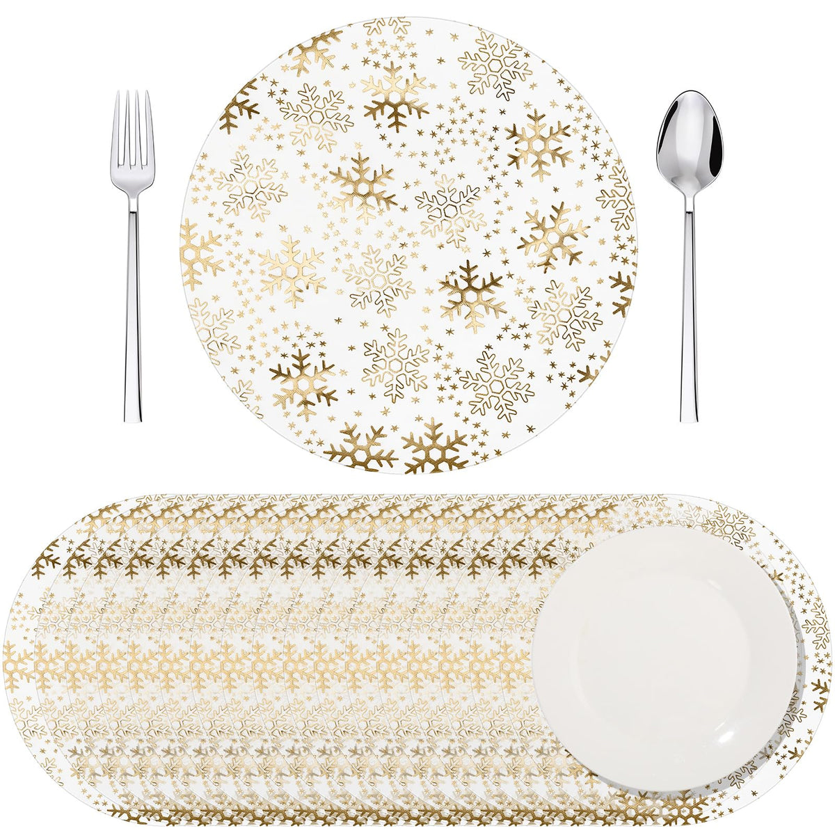 Mantel Vesici dorado con copos de nieve, decoración festiva de mesa.