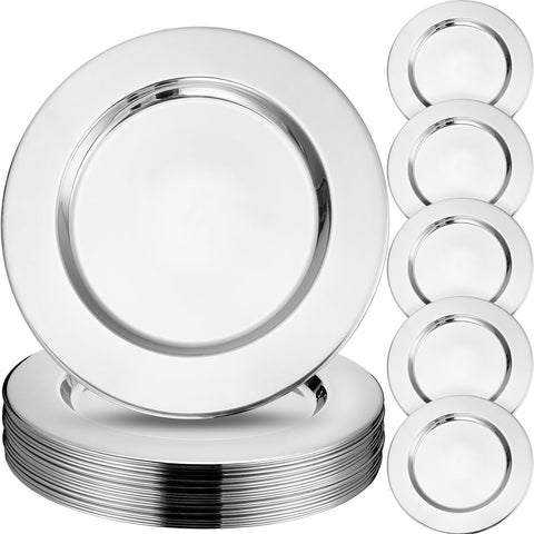 Plato cargador Vesici de acero inoxidable 13 pulgadas, base duradera para mesas elegantes.