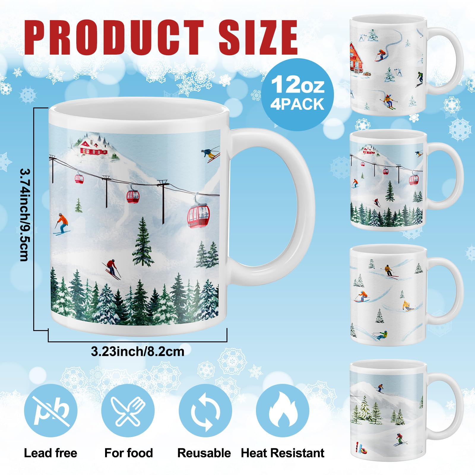 Taza Vesici con tema de esquí y tabla de nieve, ideal para recargar energías.