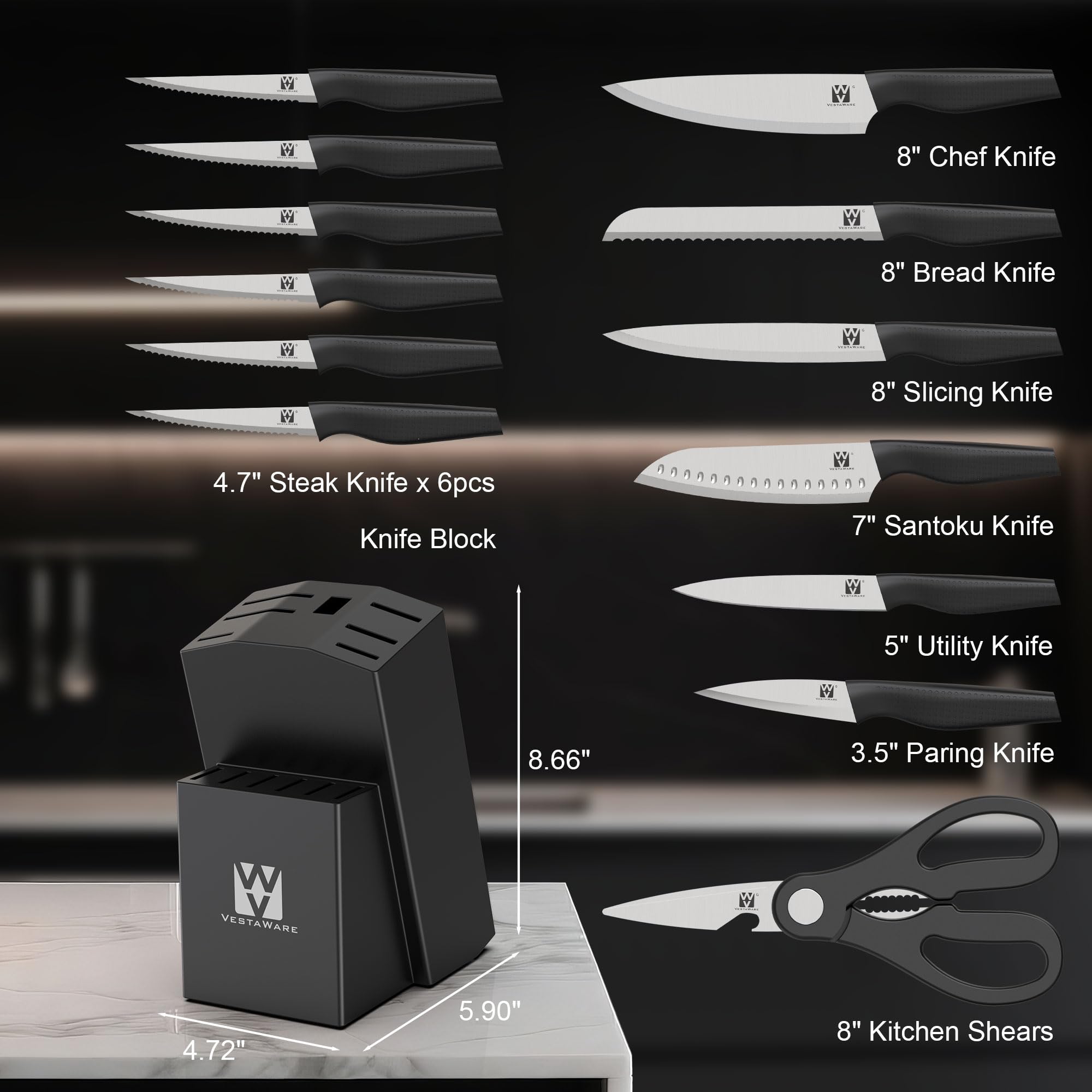 Cuchillo chef Vestaware de 8 pulgadas, filo afilado para cortes precisos.