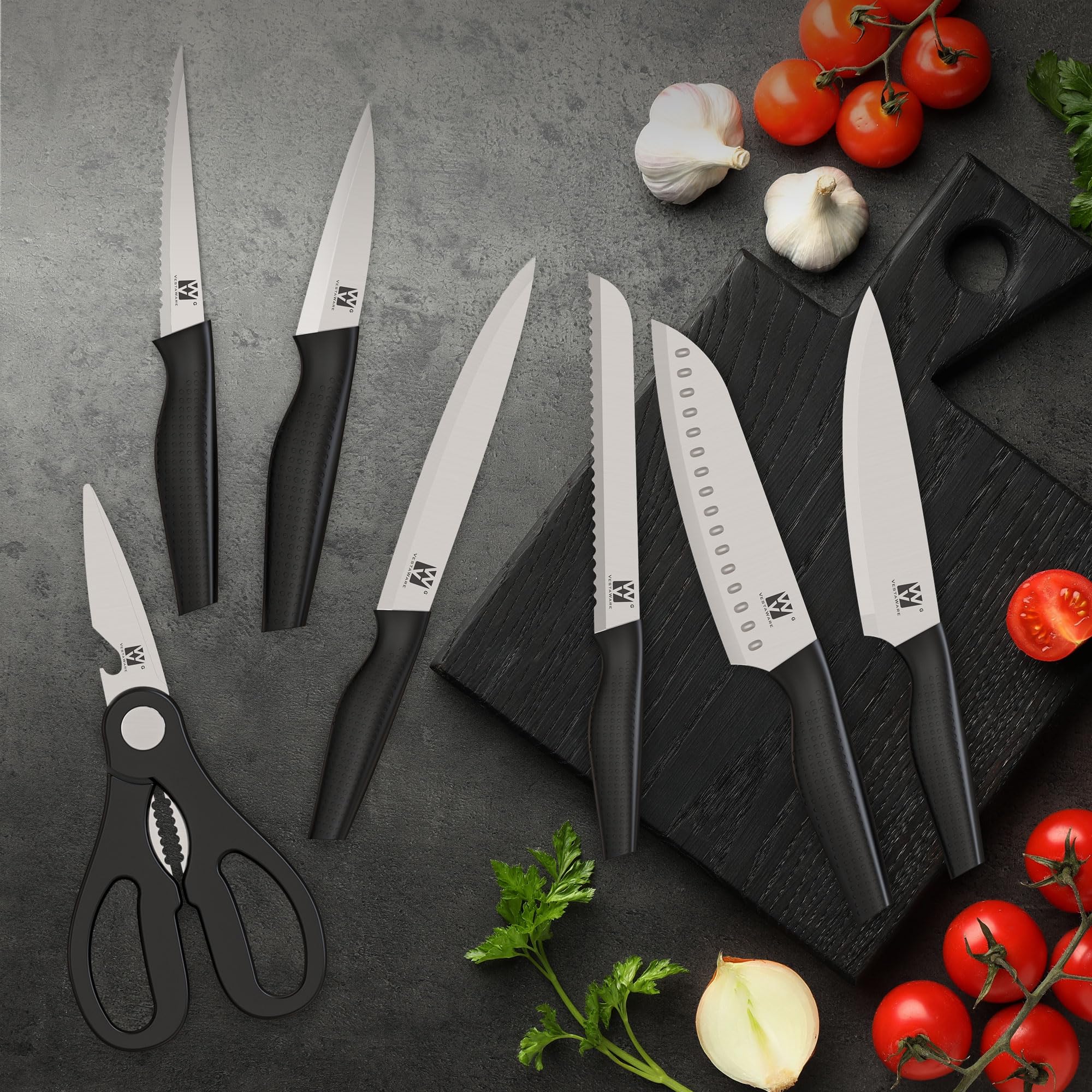 Seis cuchillos de bistec serrados Vestaware de 4.7 pulgadas, porciones consistentes.