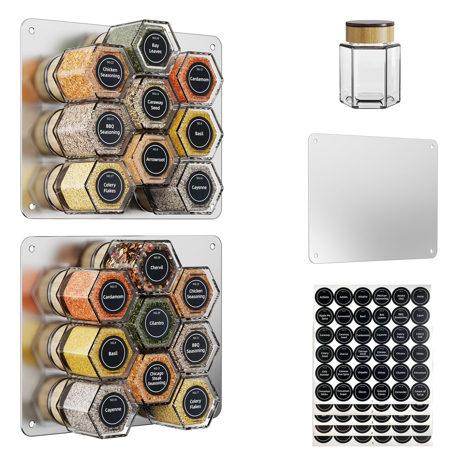 Vetacsion conjunto de 18 latas magnéticas en cristal para organización eficiente de especias.