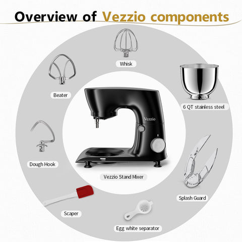Vezzio batidora de pie con accesorios de aluminio para amasar y mezclar.