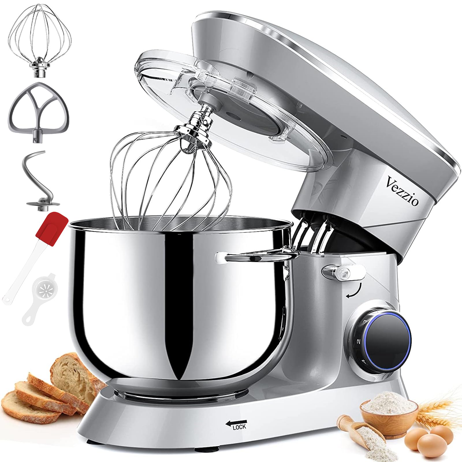 Vezzio batidora de pie, capacidad 9-5 qt y cuenco de acero inoxidable.