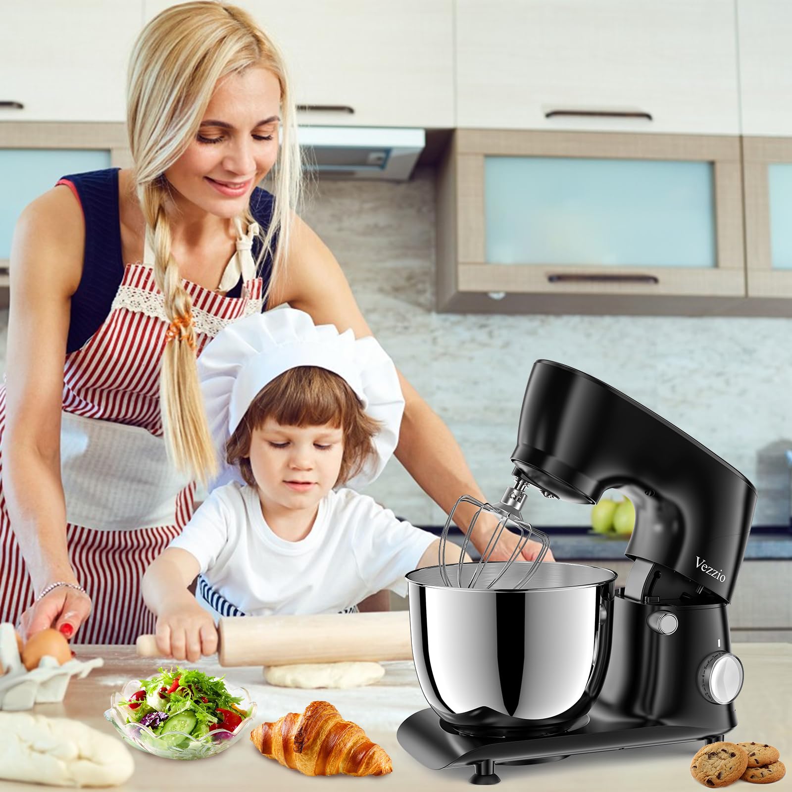 Vezzio batidora de pie con diseño compacto ideal para cocinas pequeñas.