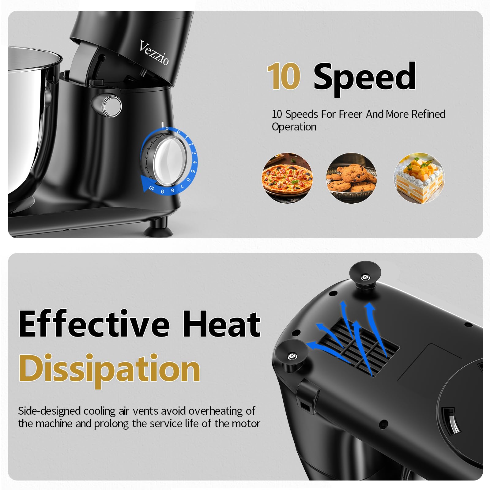 Vezzio batidora de pie con potencia 300 W para mezclas suaves.