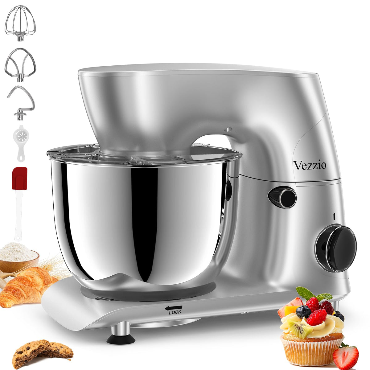 Vezzio Mezcladora 6qt con cabezal inclinado para cargar ingredientes fácilmente.