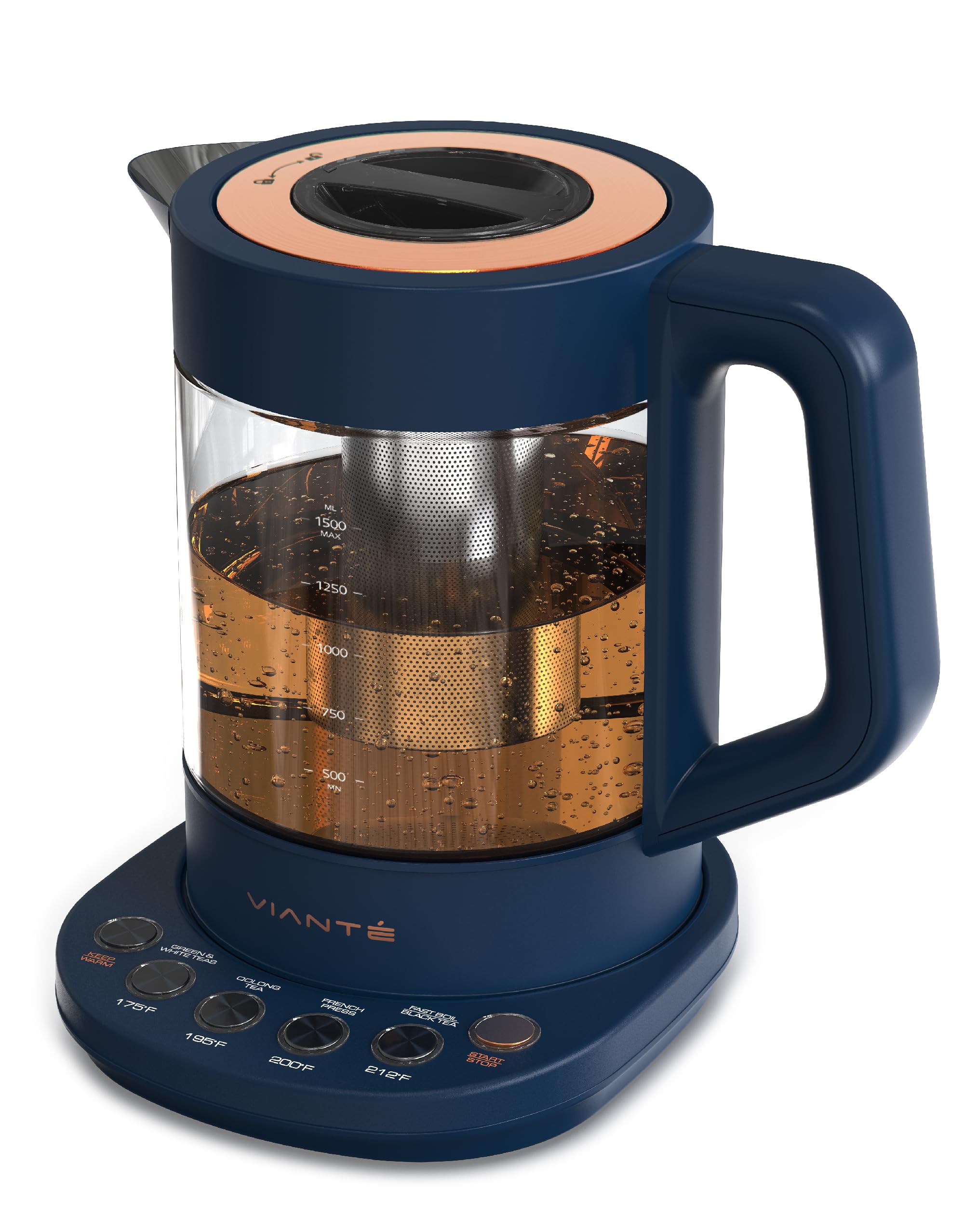 Viante hervidor eléctrico con infusor para hojas sueltas; 1.5 l y color azul medianoche, ideal para té